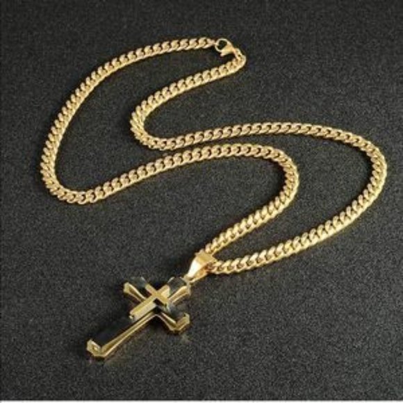 Men’s Gold Black Cross Cuban Chain Necklace​ - Picture 6 of 7